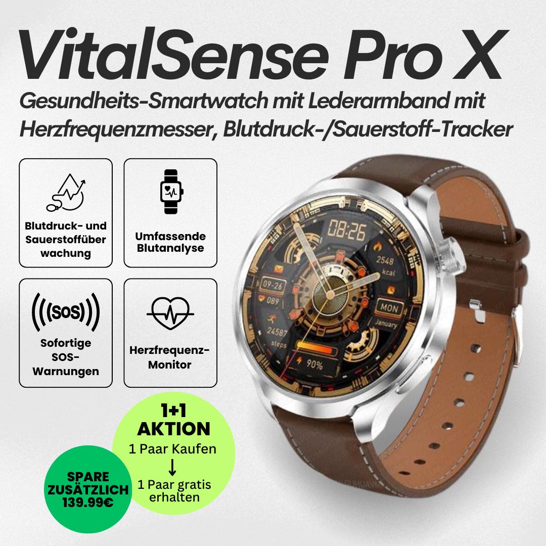 VitalSense Pro X - Gesundheits-Smartwatch mit Lederarmband (2025) - Sonderaktion 1+1 Gratis