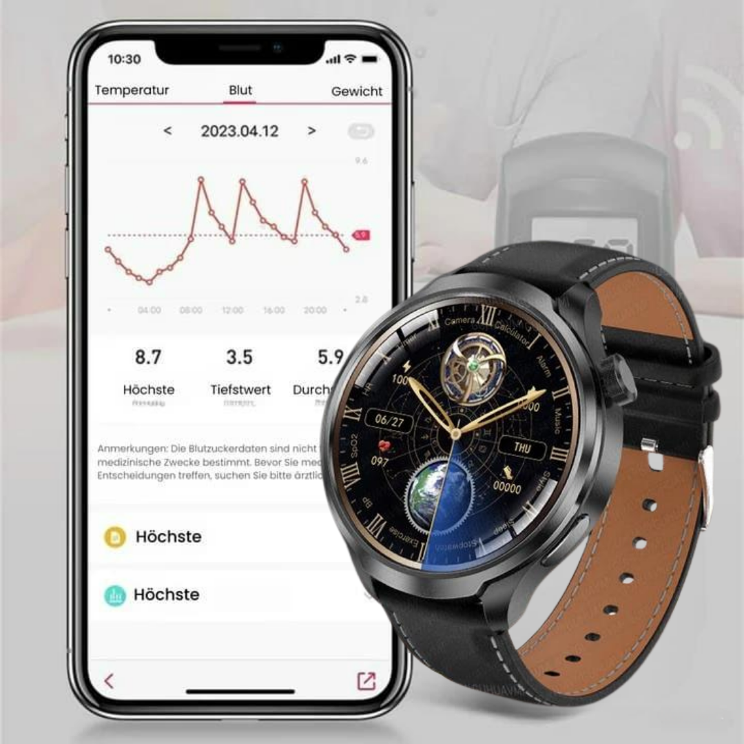 VitalSense Pro X - Gesundheits-Smartwatch mit Lederarmband (2025) - Sonderaktion 1+1 Gratis
